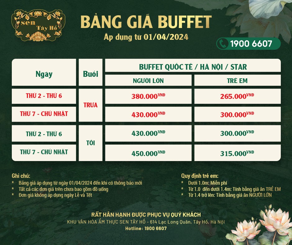 Bảng giá buffet sen tây hồ 2024 | helo88 vina Buffet Sen Tây Hồ