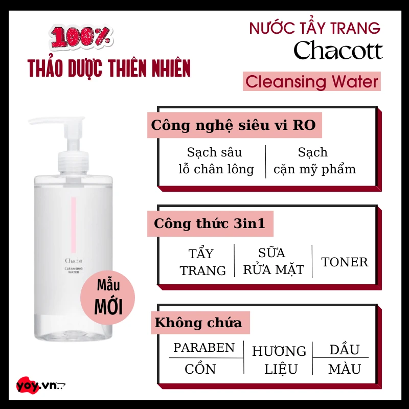 Nước Tẩy Trang Chacott Không Cồn Siêu Dịu Nhẹ-Ngừa Mụn-Chống Lão Hóa 500ml