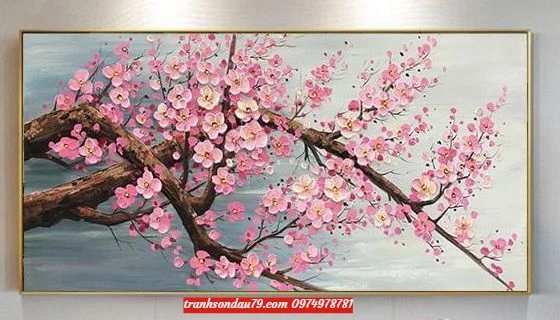 Tranh hoa đào đẹp sang trọng phòng khách st55