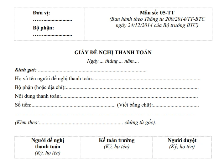 Tải mẫu giấy đề nghị thanh toán (Mẫu 05-TT) mới nhất
