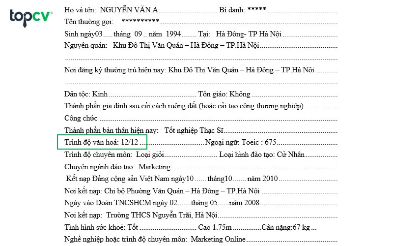 hello8862 com ghi trình độ văn hóa trong sơ yếu lý lịch