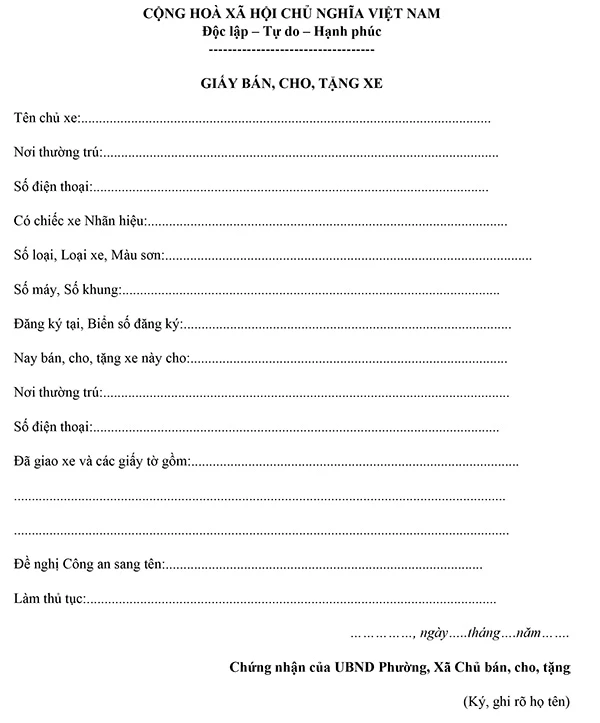Giấy bán cho tặng xe: hello8862 com mẫu và lưu ý cần thiết